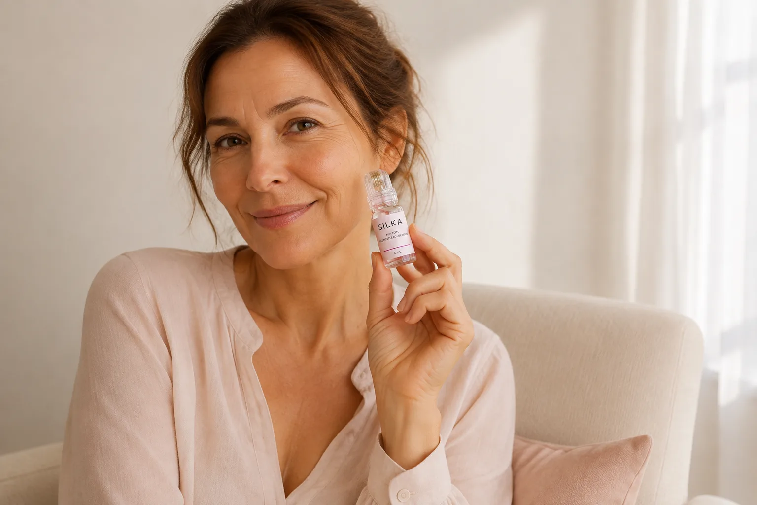 A woman sitting in a bright room, holding the Silka roller bottle up beside her face