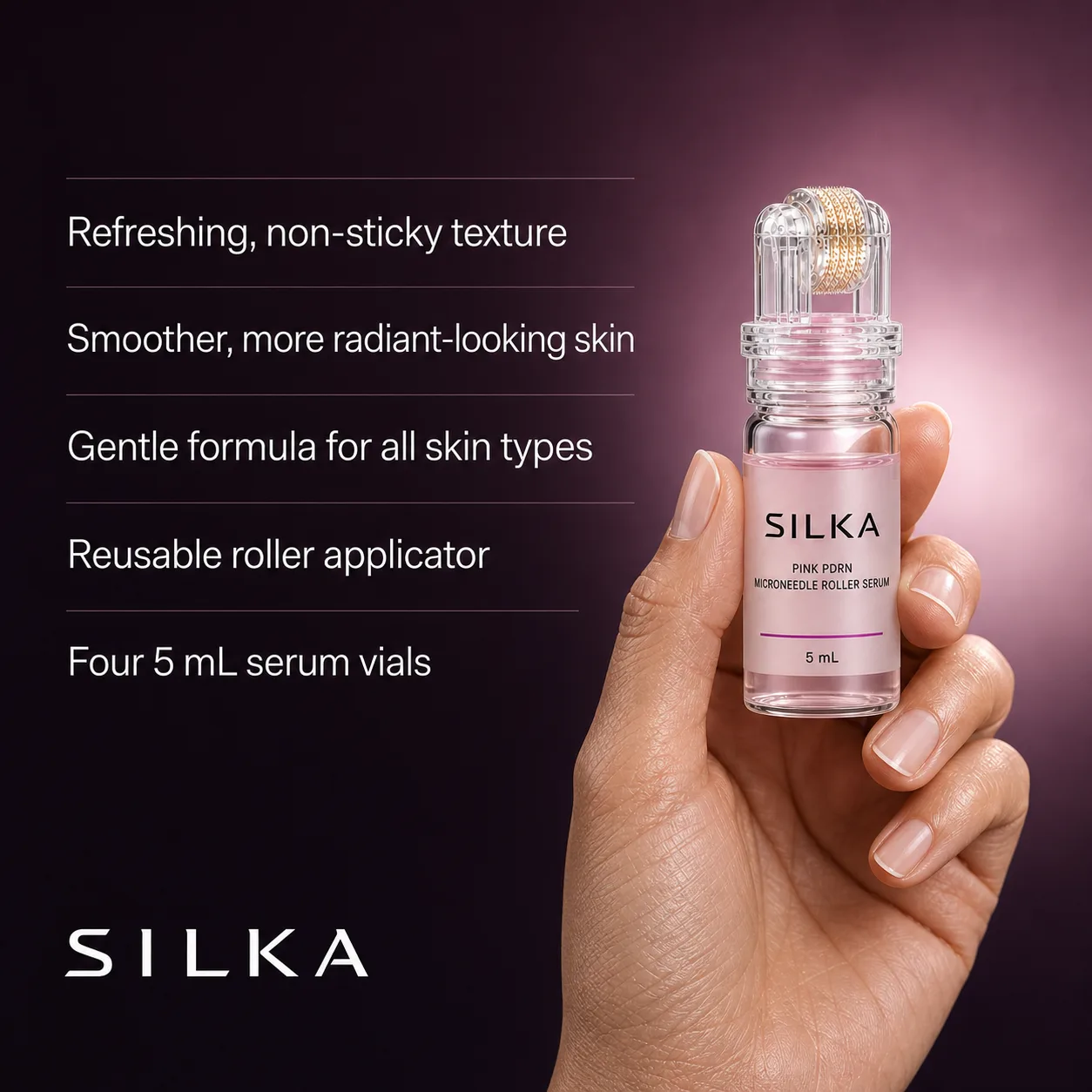 A hand holding the Silka bottle, labelled Pink PDRN Microneedle Roller Serum, 5 ml, beside five lines: refreshing non-sticky texture, smoother more radiant looking skin, gentle formula for all skin types, reusable roller applicator, four 5 ml serum vials
