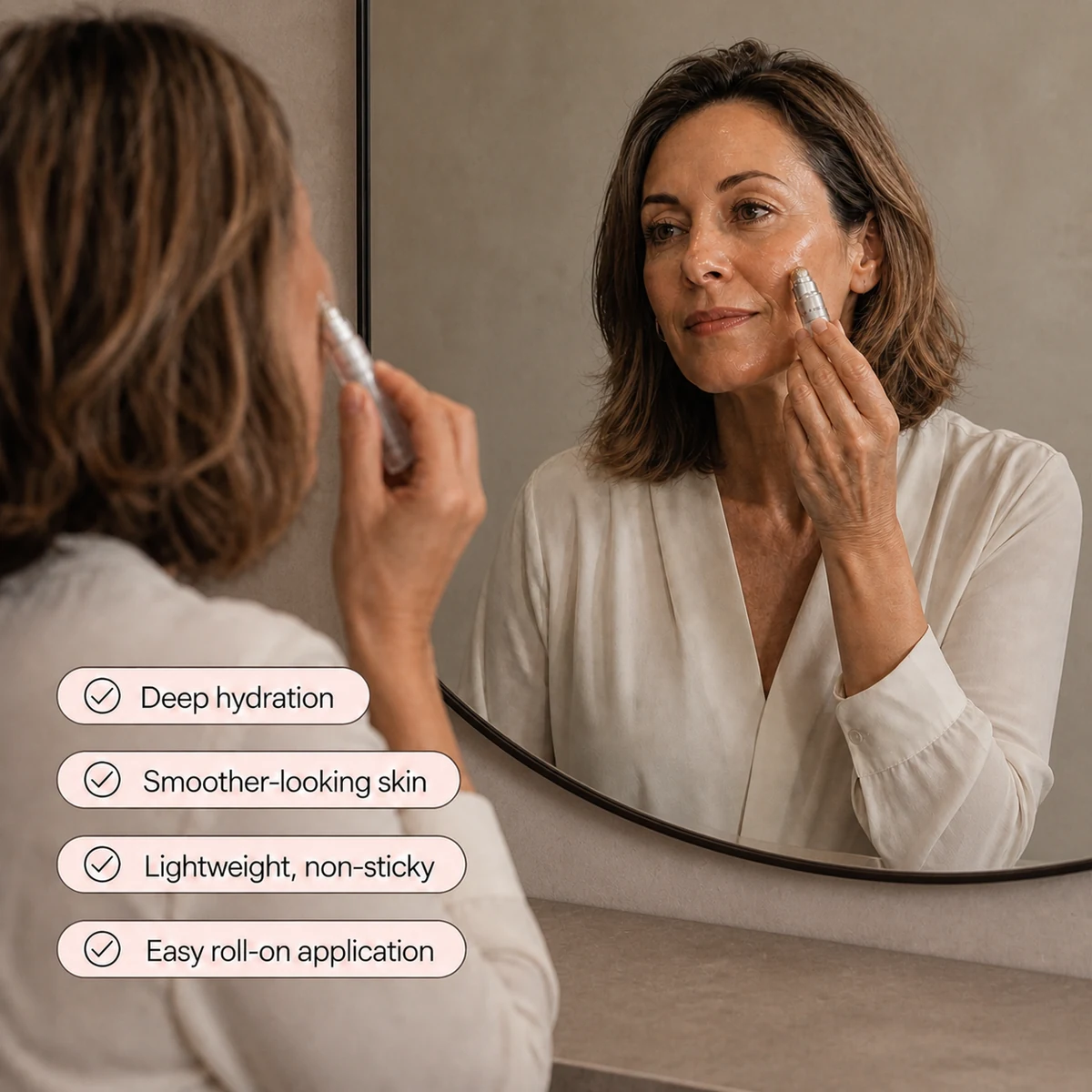 A woman rolling the serum along her cheekbone at a mirror, beside four ticked notes: deep hydration, smoother-looking skin, lightweight non-sticky, easy roll-on application